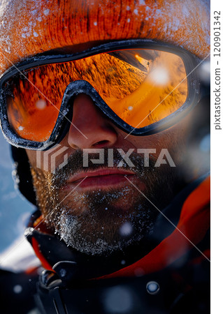 Portrait of a skier. Downhill skiing banner. Winter sport concept Portrait of a skier. Downhill skiing banner. Winter sport concept 120901342