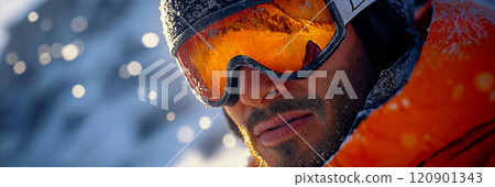 Portrait of a skier. Downhill skiing banner. Winter sport concept 120901343
