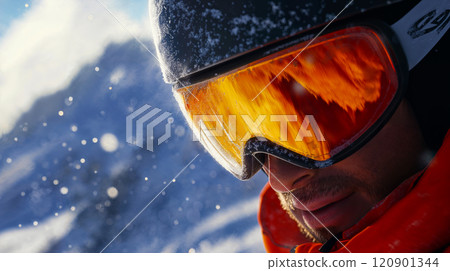Portrait of a skier. Downhill skiing banner. Winter sport concept Portrait of a skier. Downhill skiing banner. Winter sport concept 120901344