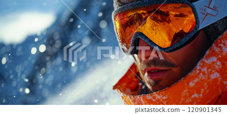 Portrait of a skier. Downhill skiing banner. Winter sport concept 120901345