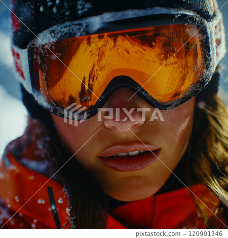 Portrait of a skier. Downhill skiing banner. Winter sport concept Portrait of a skier. Downhill skiing banner. Winter sport concept 120901346