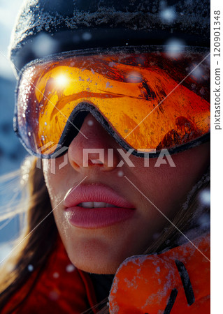 Portrait of a skier. Downhill skiing banner. Winter sport concept 120901348