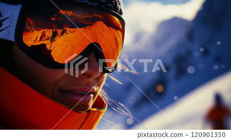 Portrait of a skier. Downhill skiing banner. Winter sport concept 120901350