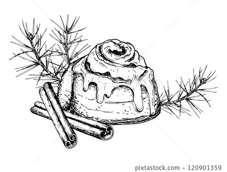 Vector hand drawn illustration of a cinnamon roll with icing, cinnamon sticks and pine branches. A cozy, festive composition perfect for Christmas projects and winter bakery designs 120901359