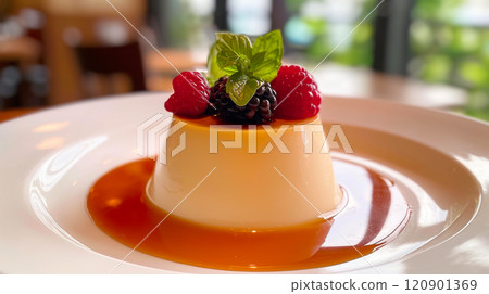 Panna cotta. Delicious panna cotta with caramel sauce and fresh berries 120901369