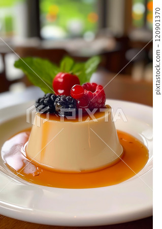 Panna cotta. Delicious panna cotta with caramel sauce and fresh berries 120901370