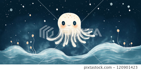 Cute illustration of a jellyfish. Cute jellyfish greeting card 120901423