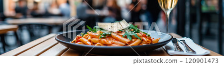 Italian cuisine. A plate of penne pasta with arugula, cherry tomatoes and sliced parmesan cheese with a glass of white wine on a table outside of a restaurant in Italy 120901473