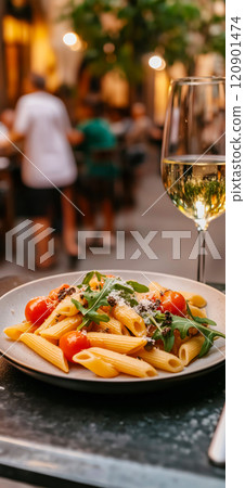 Italian cuisine. A plate of penne pasta with arugula, cherry tomatoes and sliced parmesan cheese with a glass of white wine on a table outside of a restaurant in Italy 120901474