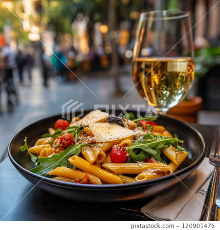 Italian cuisine. A plate of penne pasta with arugula, cherry tomatoes and sliced parmesan cheese with a glass of white wine on a table outside of a restaurant in Italy Italian cuisine. A plate of penne pasta with arugula, cherry tomatoes and sliced parmesan cheese with a glass of white wine on a table outside of a restaurant in Italy 120901476