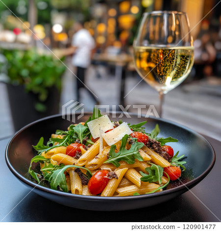 Italian cuisine. A plate of penne pasta with arugula, cherry tomatoes and sliced parmesan cheese with a glass of white wine on a table outside of a restaurant in Italy Italian cuisine. A plate of penne pasta with arugula, cherry tomatoes and sliced parmesan cheese with a glass of white wine on a table outside of a restaurant in Italy 120901477