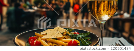 Italian cuisine. A plate of penne pasta with arugula, cherry tomatoes and sliced parmesan cheese with a glass of white wine on a table outside of a restaurant in Italy 120901484