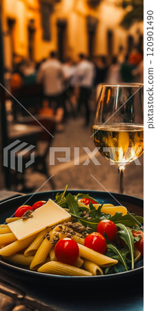 Italian cuisine. A plate of penne pasta with arugula, cherry tomatoes and sliced parmesan cheese with a glass of white wine on a table outside of a restaurant in Italy Italian cuisine. A plate of penne pasta with arugula, cherry tomatoes and sliced parmesan cheese with a glass of white wine on a table outside of a restaurant in Italy 120901490