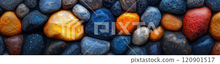 Polished opal pebble background. Smooth round colorful gravel stone texture Polished opal pebble background. Smooth round colorful gravel stone texture 120901517