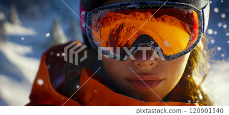 Portrait of a skier. Downhill skiing banner. Winter sport concept 120901540