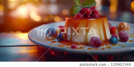 Panna cotta. Delicious panna cotta with caramel sauce and fresh berries 120901548