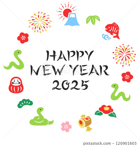 新年快樂 2025 蛇年書法與日式圓形裝飾插畫 120901603