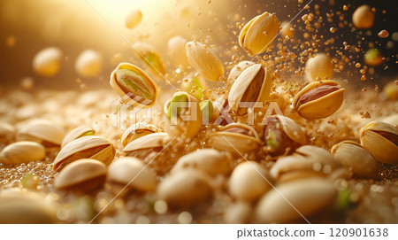 Pistachio nuts banner. Closeup falling pistachio nuts background 120901638