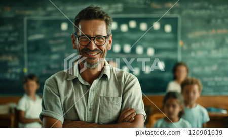 Teacher. Portrait of a happy handsome male teacher in the classroom Teacher. Portrait of a happy handsome male teacher in the classroom 120901639