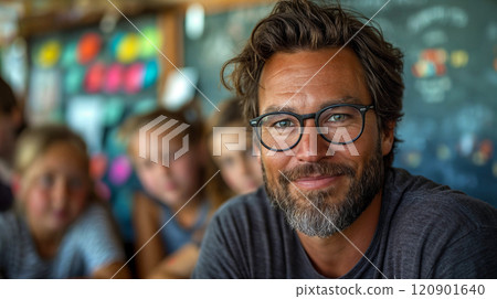 Teacher. Portrait of a happy handsome male teacher in the classroom 120901640