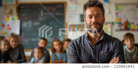 Teacher. Portrait of a happy handsome male teacher in the classroom 120901641