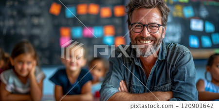 Teacher. Portrait of a happy handsome male teacher in the classroom 120901642