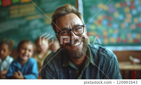 Teacher. Portrait of a happy handsome male teacher in the classroom Teacher. Portrait of a happy handsome male teacher in the classroom 120901643