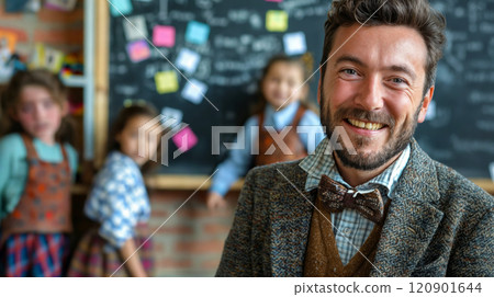Teacher. Portrait of a happy handsome male teacher in the classroom Teacher. Portrait of a happy handsome male teacher in the classroom 120901644