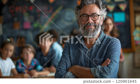 Teacher. Portrait of a happy handsome male teacher in the classroom Teacher. Portrait of a happy handsome male teacher in the classroom 120901645