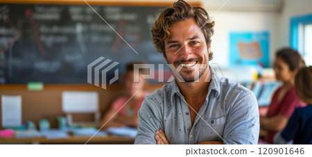 Teacher. Portrait of a happy handsome male teacher in the classroom 120901646