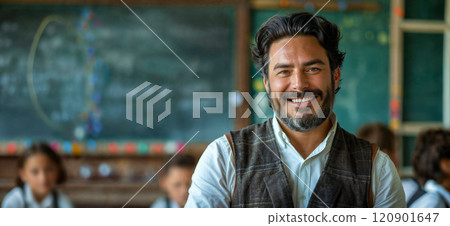Teacher. Portrait of a happy handsome male teacher in the classroom Teacher. Portrait of a happy handsome male teacher in the classroom 120901647