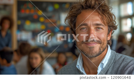 Teacher. Portrait of a happy handsome male teacher in the classroom 120901648