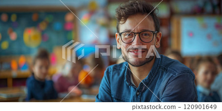 Teacher. Portrait of a happy handsome male teacher in the classroom 120901649