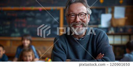 Teacher. Portrait of a happy handsome male teacher in the classroom 120901650