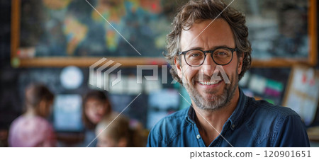 Teacher. Portrait of a happy handsome male teacher in the classroom 120901651