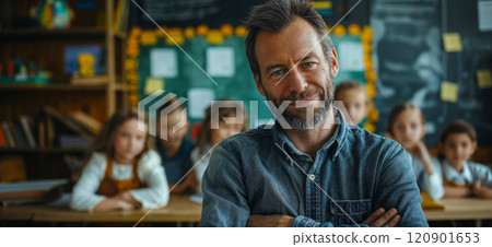 Teacher. Portrait of a happy handsome male teacher in the classroom 120901653