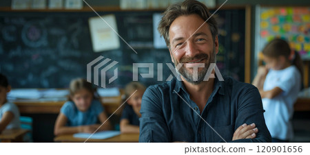 Teacher. Portrait of a happy handsome male teacher in the classroom 120901656