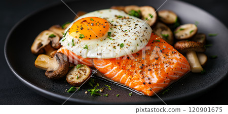 Fried salmon steak with eggs and mushrooms. Salmon - healthy meal with lots of vitamin D Fried salmon steak with eggs and mushrooms. Salmon - healthy meal with lots of vitamin D 120901675