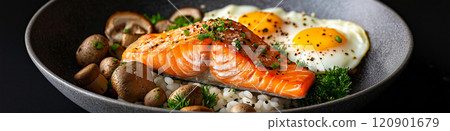 Fried salmon steak with eggs and mushrooms. Salmon - healthy meal with lots of vitamin D 120901679