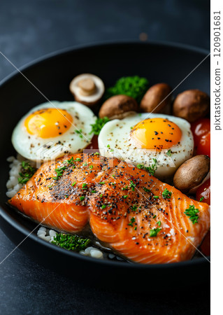 Fried salmon steak with eggs and mushrooms. Salmon - healthy meal with lots of vitamin D 120901681