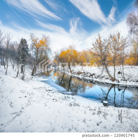 Picturesque landscape in city park with snowy trees and beautiful reflection in frozen river. 120901745