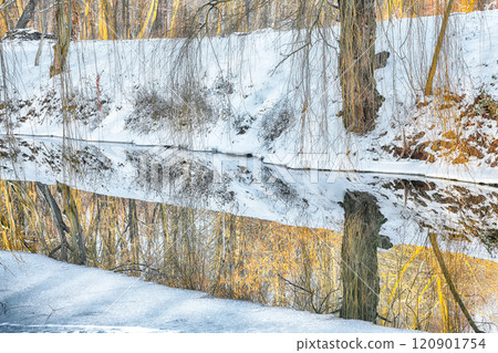 Picturesque landscape in city park with snowy trees and beautiful mirror reflection in frozen river. 120901754