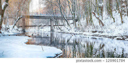 Picturesque landscape in city park with snowy trees and beautiful reflection in frozen river. Picturesque landscape in city park with snowy trees and beautiful reflection in frozen river. 120901784