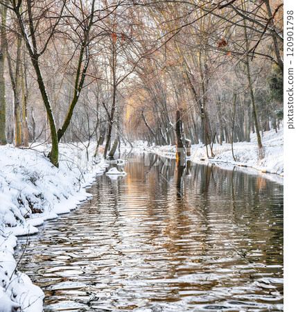 Picturesque landscape in city park with snowy trees and beautiful reflection in frozen river. Picturesque landscape in city park with snowy trees and beautiful reflection in frozen river. 120901798