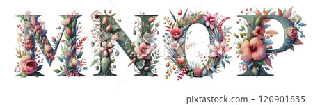 Serif alphabet in watercolor style with flowers and leaves. For wedding invitation, vintage arrangement and classic decoration. Serif alphabet in watercolor style with flowers and leaves. For wedding invitation, vintage arrangement and classic decoration. 120901835