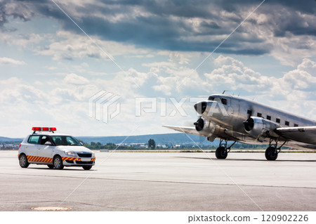 Retro airplane moving to follow me car Retro airplane moving to follow me car 120902226