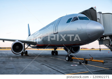 Passenger airplane parked to a jetway 120902271