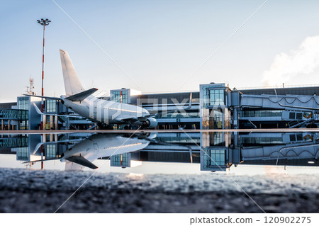 Passenger aircraft parked to a jetway with reflection in a puddle 120902275