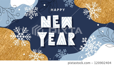 Happy new year abstract greeting card or banner template with golden texture, vector illustration 120902404