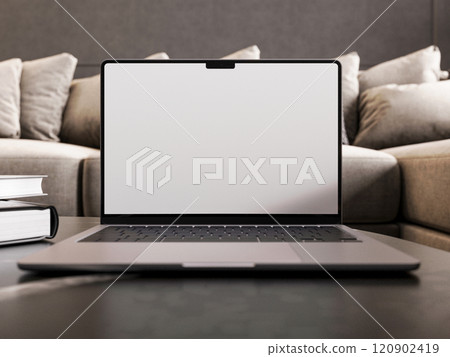 A laptop mockup placed in a home interior setting. 3D render A laptop mockup placed in a home interior setting. 3D render 120902419